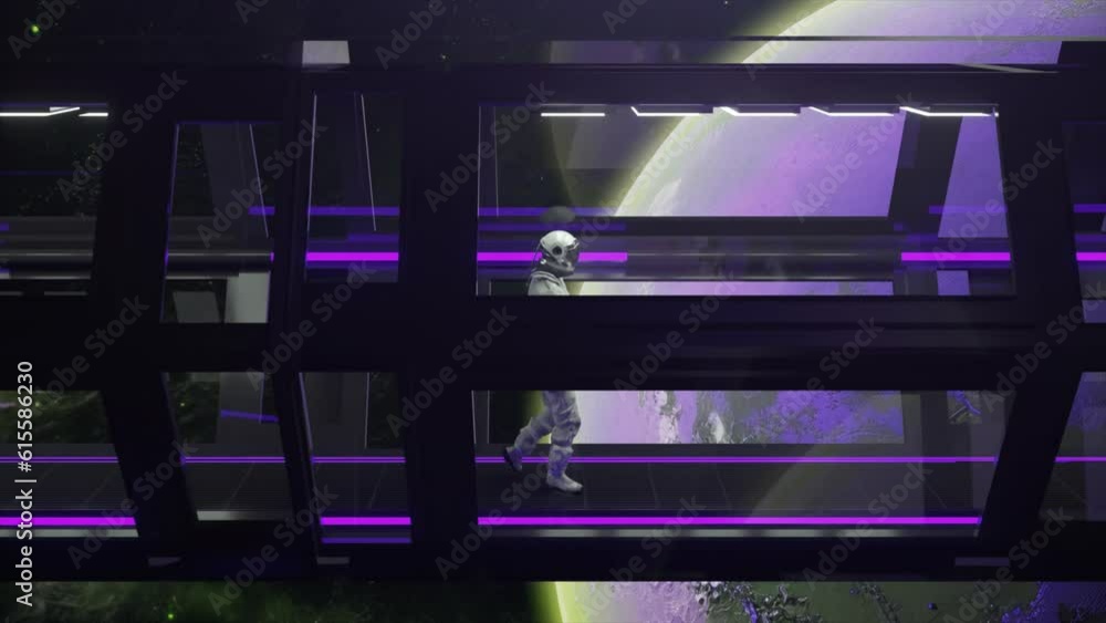 Poster space concept. astronaut going through the long tunnel to another compartment of the space gateway. 