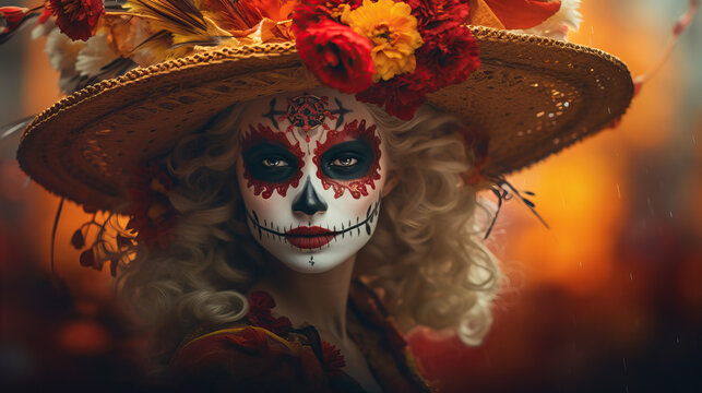 Day of the dead mexican carnival known as Day of the Dead with maxican girl portrait wearing carnival mask of the day of the dead