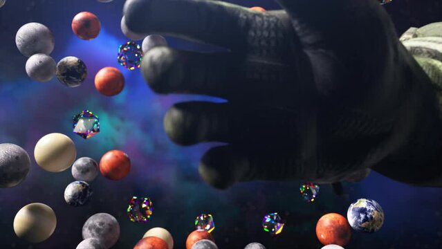 3D visualization of space objects grouped together under the force of gravity. Planets. The astronaut's hand separates