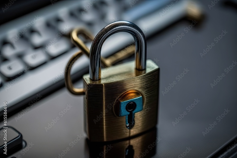 Poster golden padlock with a key on top of it, symbolizing security and protection. generative ai