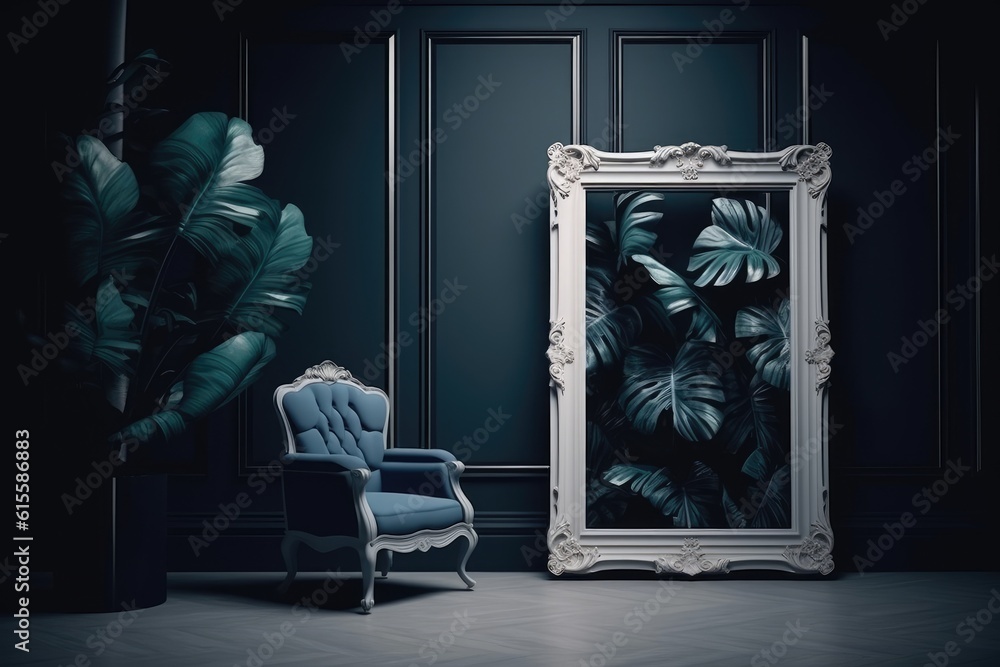 Aufkleber chair in front of a large mirror, creating a sense of reflection and space