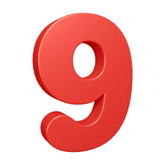 Red number 9 in 3d rendering for math, business and education concept 