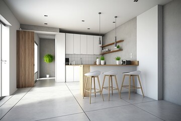contemporary kitchen with a sleek bar and trendy stools. Generative AI