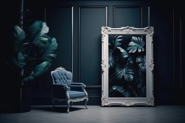 chair in front of a large mirror, creating a sense of reflection and space