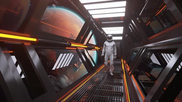 An astronaut walks through a futuristic spacecraft tunnel with the planet Mars in the background. Orange neon light