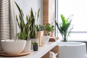 Illustration of potted plants arranged on a white shelf