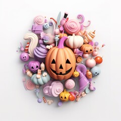 Halloween background, set of pumpkins and sweets, candies. Postcard for party and sale. Autumn vacation