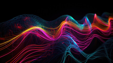 Obraz premium Digital wallpaper, abstract neon background, pink blue yellow colorful glowing lines.