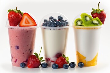 three colorful smoothies with fresh fruit toppings in clear cups. Generative AI