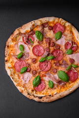 Delicious fresh oven baked pizza with salami, meat, cheese, tomatoes