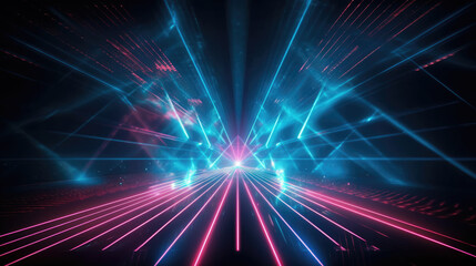 Fototapeta na wymiar Digital illustration. Abstract neon background. Bright projector shining on the dark empty stage, glowing pink blue laser rays in the dark.