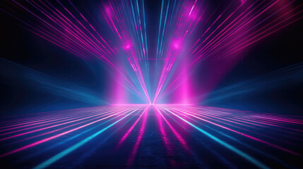 Digital illustration. Abstract neon background. Bright projector shining on the dark empty stage, glowing pink blue laser rays in the dark.