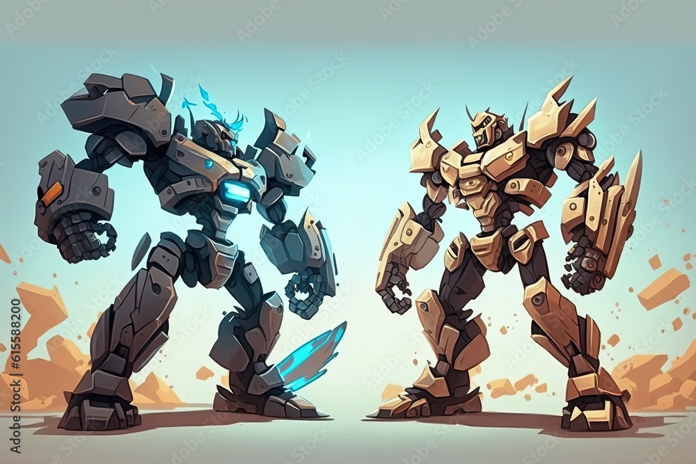 Aufkleber two humanoid robots standing side by side with futuristic cityscape in the background. generative ai