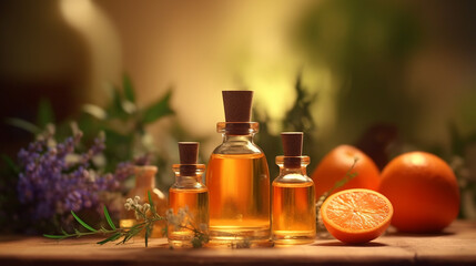 Obraz na płótnie Canvas Tangerine fruit orange essential message bottle oil picture AI Generated image