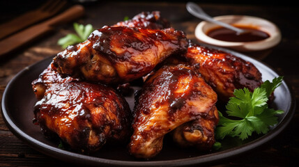 A plate of juicy grilled chicken drumsticks, marinated in a spicy barbecue sauce