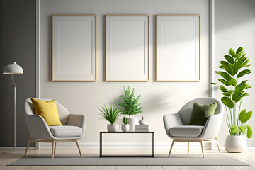Three empty wooden frames hang on the wall in the living room