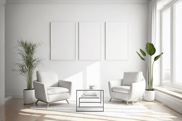 Three white empty frame hang above the sofa on the white wall of the living room