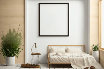 black empty frame hang above the bed on the white bedroom wall