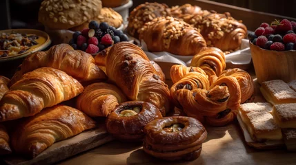 Foto op Plexiglas An assortment of freshly baked pastries, including croissants, cinnamon rolls, and pain au chocolat, © Milan
