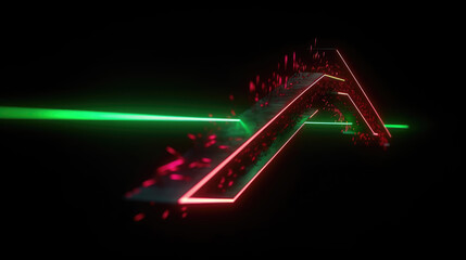 Abstract neon arrow with fading tail. Technology concept. Glowing green red lines and bokeh lights.