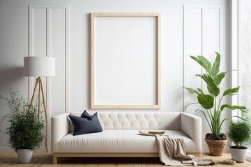 Wood empty frame hang above the sofa on the white wall of the living room