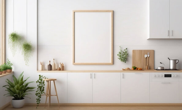Wood empty frame hang above the table on the beige wall of the kitchen