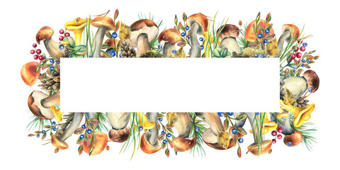 Forest mushrooms, boletus, chanterelles and blueberries, lingonberries, twigs, cones, leaves. Watercolor illustration, hand drawn frame, template on a white background