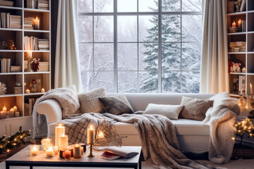 Stylish interior of living room in winter time