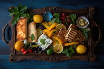 healthy meal tray featuring grilled cheese, fruits, and veggies