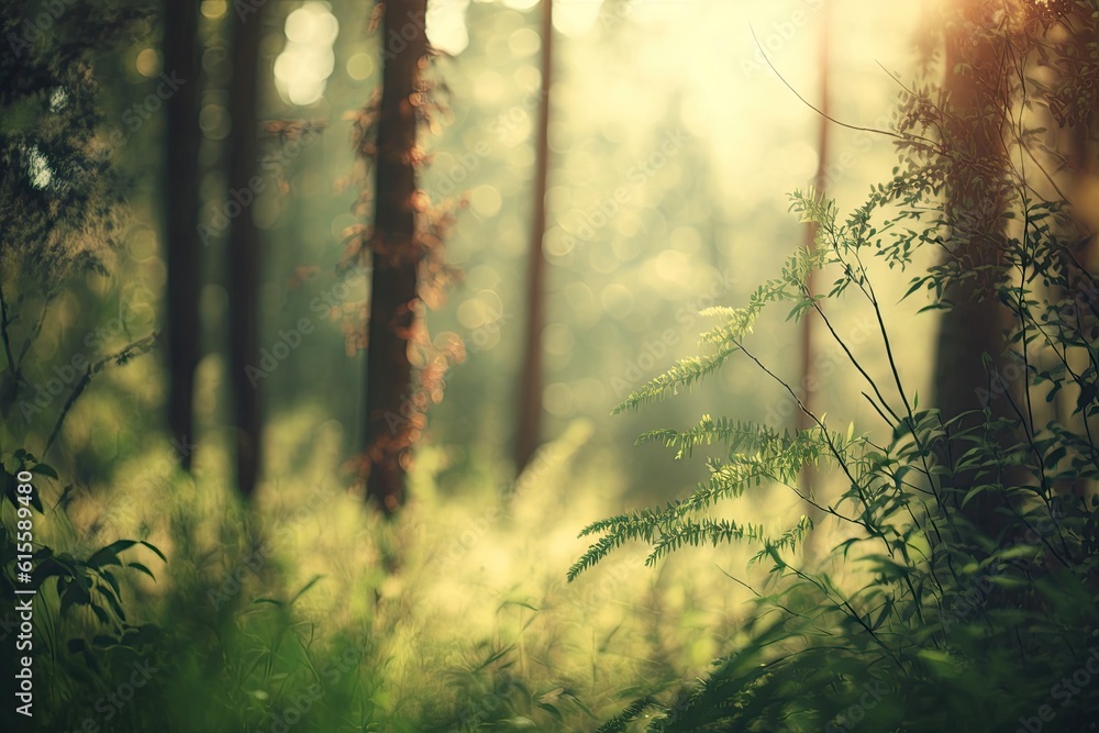 Poster sunlight filtering through the trees in a lush forest. generative ai