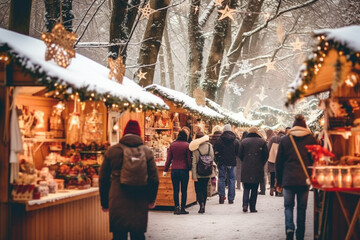 Naklejka premium Wooden market houses on Christmas fair in Europe