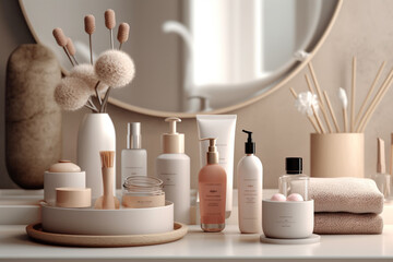 Obraz na płótnie Canvas Cosmetics for care on bathroom bar