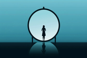 Silhouette of a girl staring at her reflection in a large mirror, representing the idea of being fixated on one's appearance. Generative AI Technology.