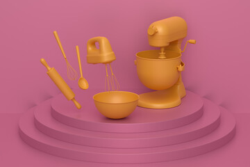 Abstract scene or podium with blender and kitchen utensil on monochrome.