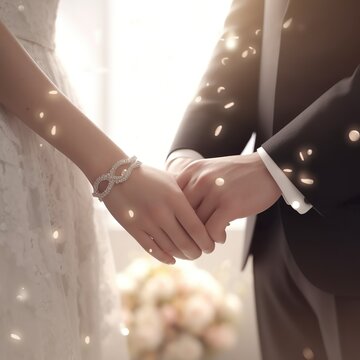 Las manos de una pareja de novios en su d&iacute;a de bodas. Generado por IA