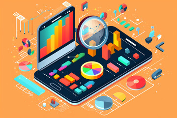 Illustration of smartphone with business charts and diagrams