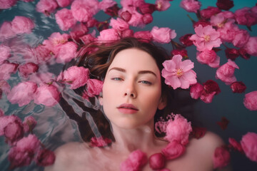 Naklejka premium This stunning portrait captures the beauty of a girl surrounded by delicate pink rose petals, creating a dreamy and romantic atmosphere. Generative AI Technology.