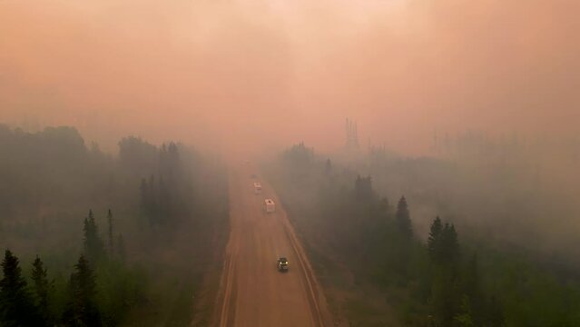 Fire in the Canadian Forest, a very dangerous place for tourists. Tourists trapped in wildfire in Canada. Top Aerial view of trees on fire, Canada wildfires destroying and causing air pollution.
