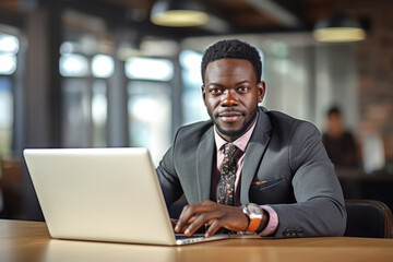 Fototapeta premium Black professional working on a laptop in an office setting, dressed in formal attire. The focus and expertise on the man's face, coupled with the clean and modern. Generative AI Technology.
