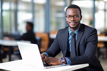 Fototapeta premium Black professional working on a laptop in an office setting, dressed in formal attire. The focus and expertise on the man's face, coupled with the clean and modern. Generative AI Technology.