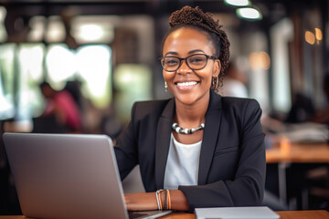 Black woman professional working on a laptop in an office setting, dressed in formal attire. Focus and expertise on the girl's face, coupled with the clean and modern