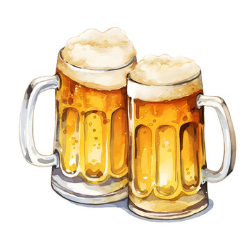 Two beer glasses mugs, watercolor illustartion on white background. Alcohol drinks