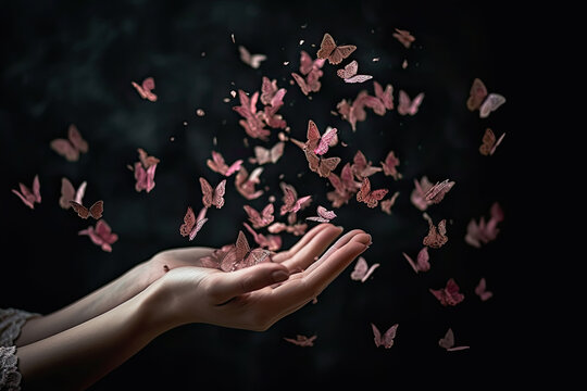 a woman's hand with pink butterflies flying in the air over her, on a black background stock photo
