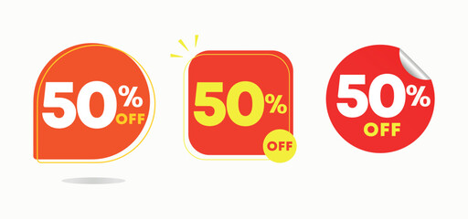 50% off. Tag for campaign, special offers, retail clearance. Discounted sales price. Vector, icon, illustration, sticker