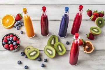 colorful spread of fresh fruits and juices on a table for a healthy lifestyle