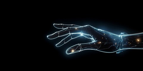 Digital hand hologram on dark background with copy space. Neural network connection. Communication with artificial intelligence. Generative AI. - obrazy, fototapety, plakaty