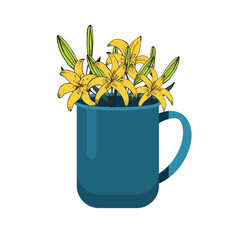 Vector illustration. Blooming yellow lily, made in the style of hand drawing in a blue mug in a flat style. Buds, flowers, flora. Illustration in a combination of two styles.