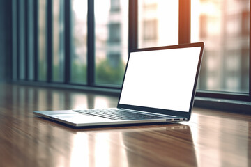 Open laptop computer on a white screen in a wooden floor with a blurred office background, glass and blurred background