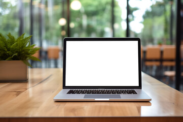 Fototapeta premium Open laptop computer on a white screen in a wooden floor with a blurred office background, glass and blurred background