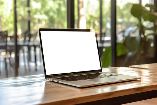 Open laptop computer on a white screen in a wooden floor with a blurred office background, glass and blurred background